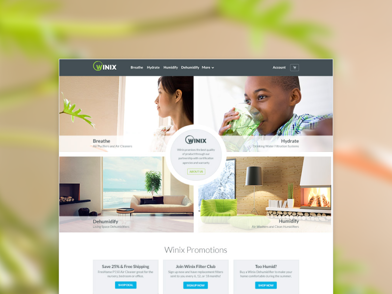 image of the top portion of the Winix website homepage design